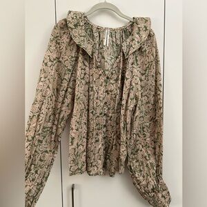Anthropologie Green and Beige Floral Blouse